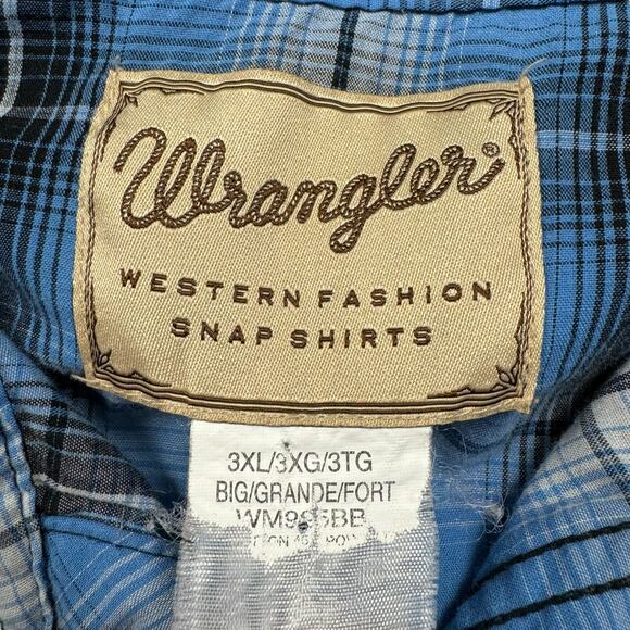 Pearl Snap Western Shirt Men's 3XL Wrangler Plaid Blue Long Sleeve Button Up - Picture 6 of 7